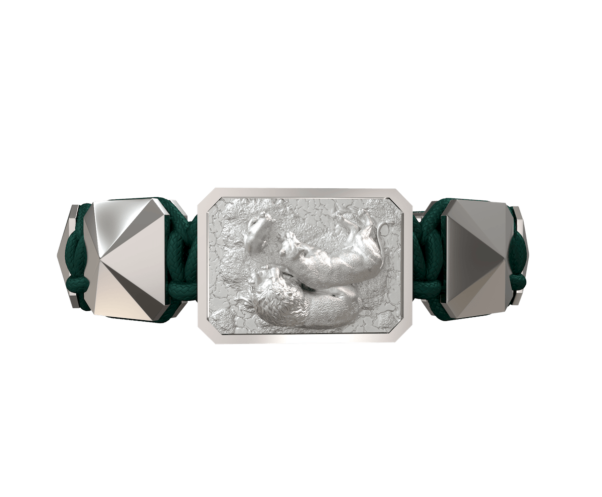 My Family First bracelet with ceramic and sculpture finished in a Platinum effect complemented with a dark green coloured cord.