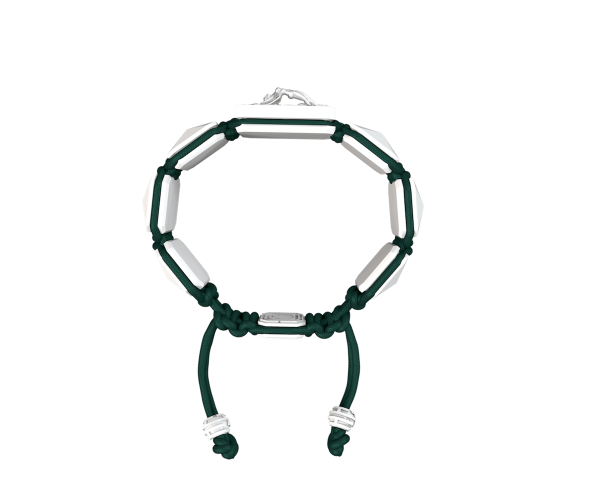 I Love Me bracelet with white ceramic and sculpture finished in a Platinum effect complemented with a dark green coloured cord.