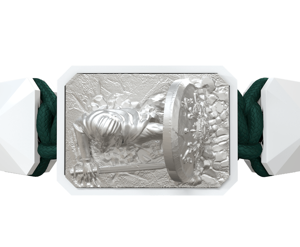 I Will Fight till the End bracelet with white ceramic and sculpture finished in a Platinum effect complemented with a dark green coloured cord.