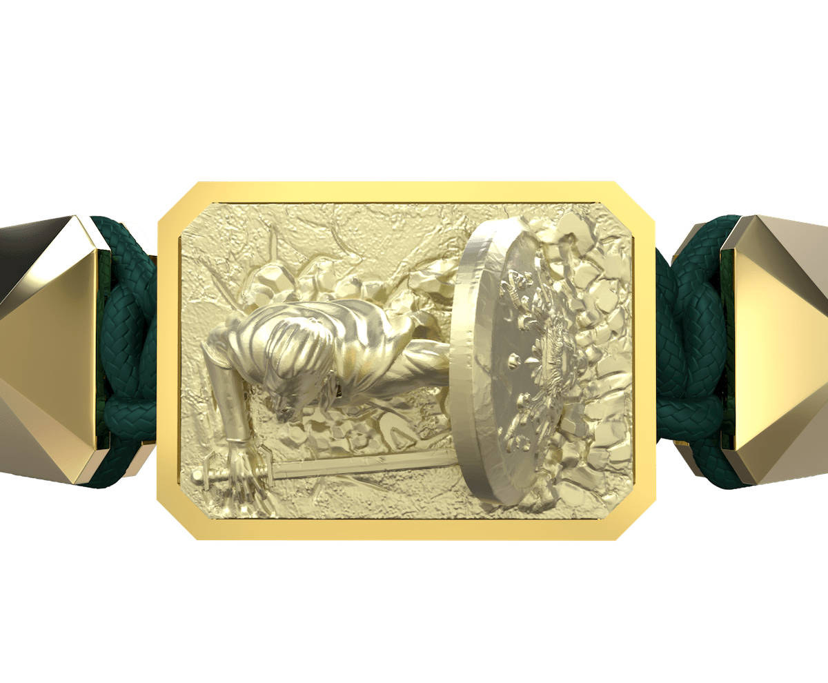 I Will Fight till the End bracelet with ceramic and sculpture finished in 18k Yellow Gold complemented with a green coloured cord.
