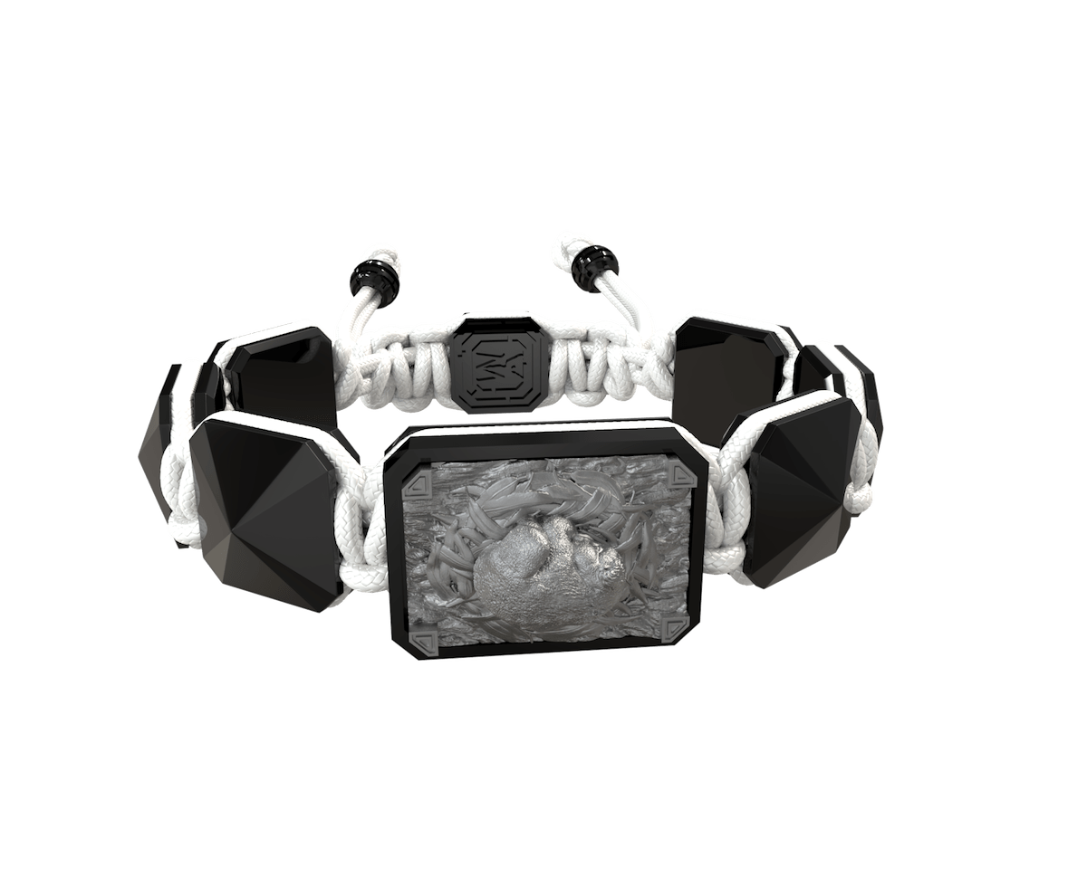 I Love My Baby bracelet with black ceramic and sculpture finished in anthracite color complemented with a white coloured cord.