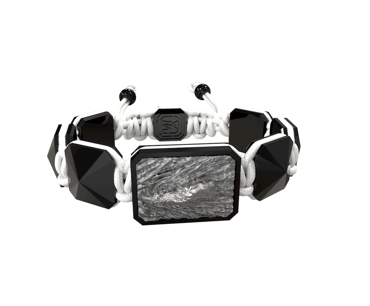 I'm Different bracelet with black ceramic and sculpture finished in anthracite color complemented with a white coloured cord.
