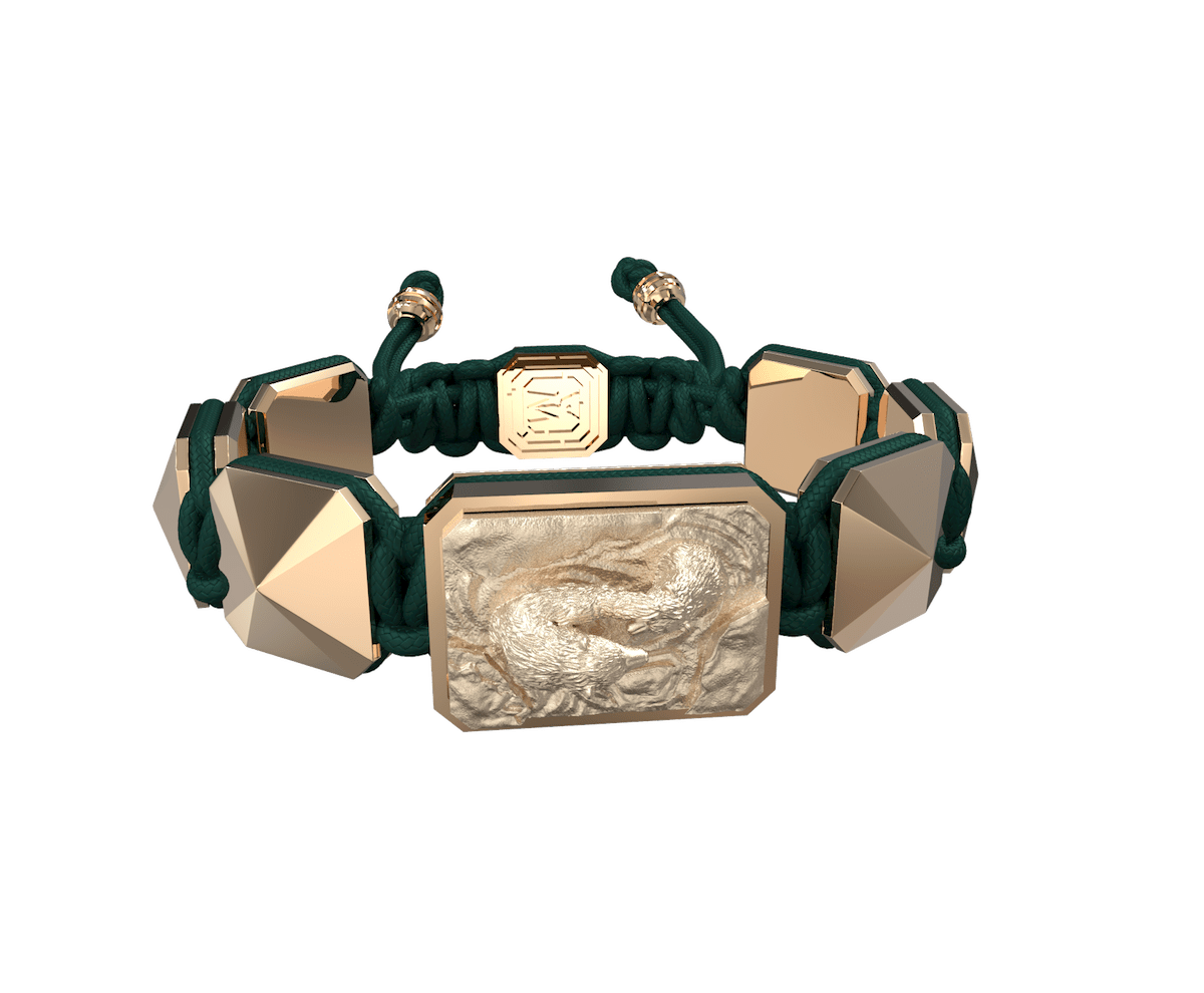 Proud Of You bracelet with ceramic and sculpture finished in 18k Rose Gold complemented with a dark green coloured cord.