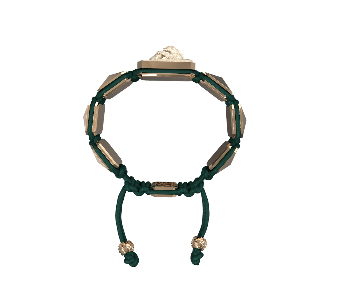 Proud Of You bracelet with ceramic and sculpture finished in 18k Rose Gold complemented with a dark green coloured cord.