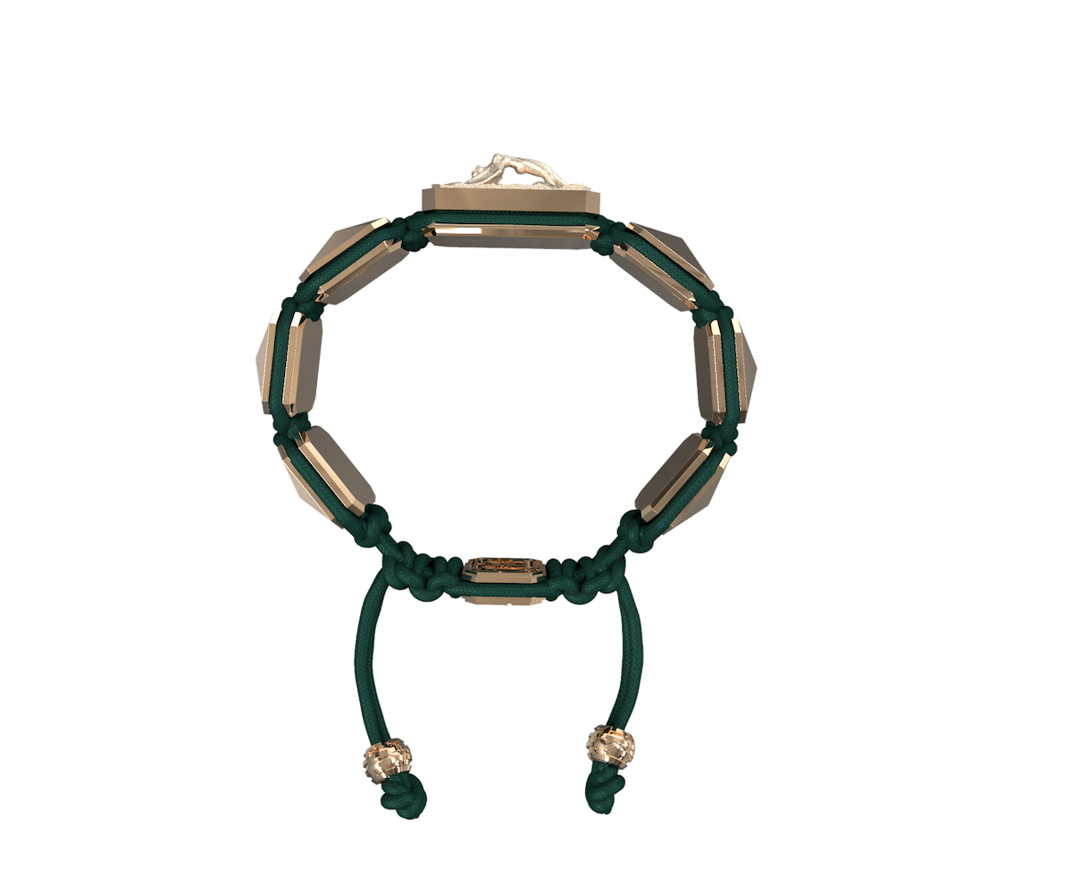 I Love Me bracelet with ceramic and sculpture finished in 18k Rose Gold complemented with a dark green coloured cord.