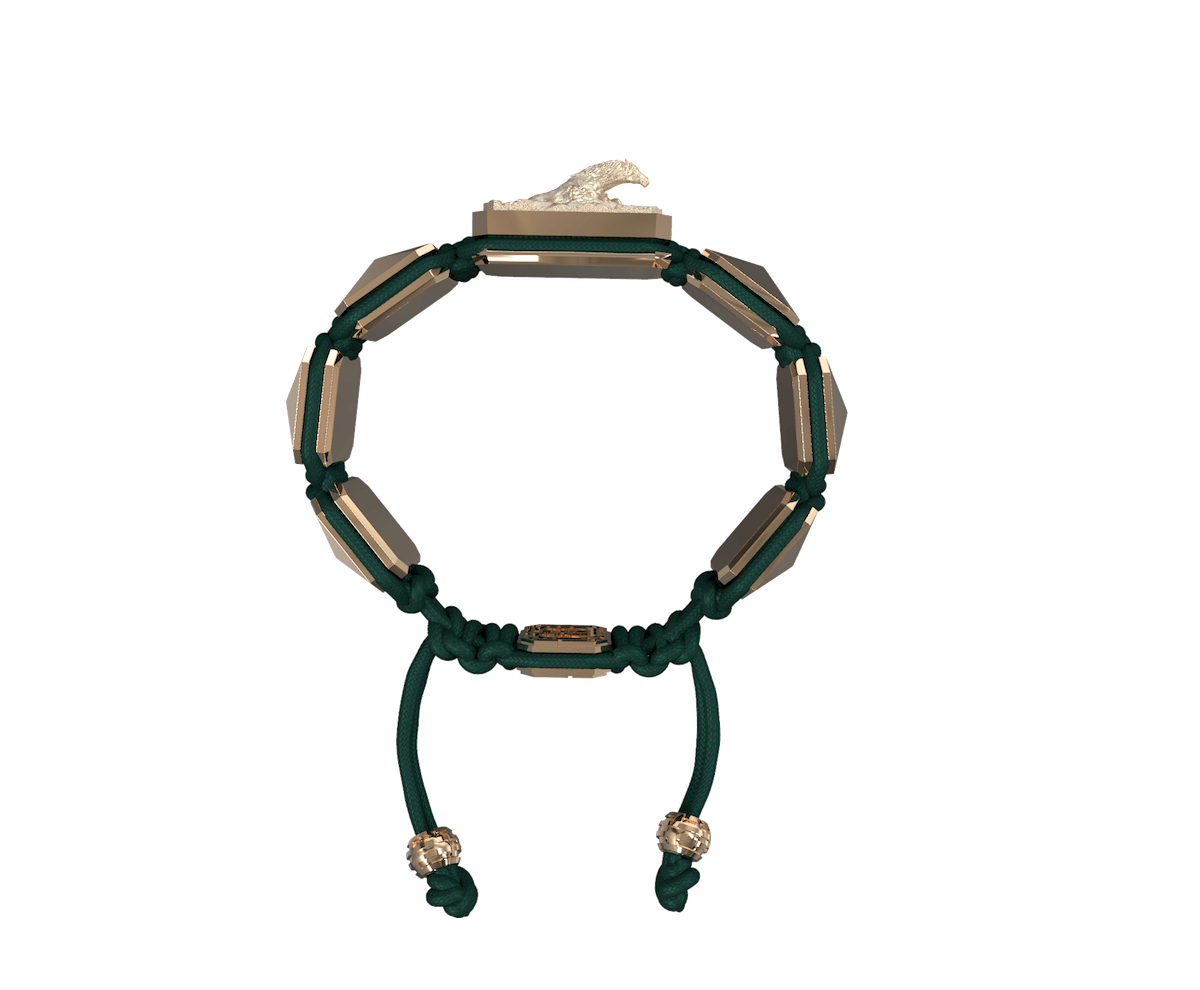 I'm Different bracelet with ceramic and sculpture finished in 18k Rose Gold complemented with a dark green coloured cord.