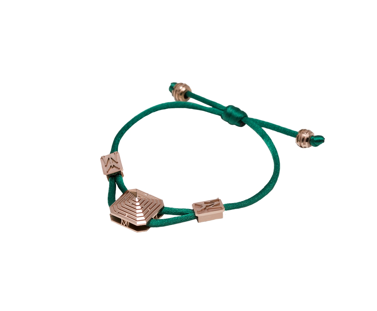 Maze Pyramid Bracelet finished in Rose Gold. Carved in ceramics. Green thread.