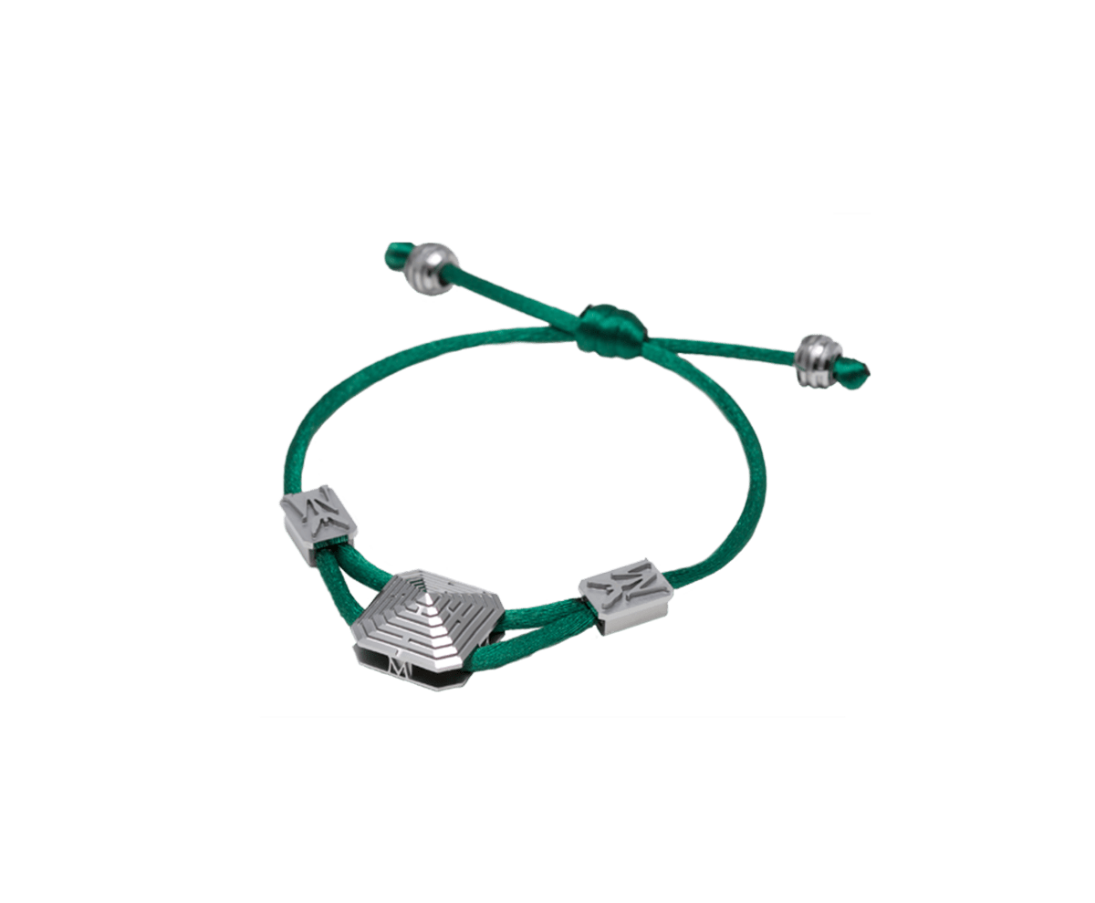 Maze Pyramid Bracelet finished in Platinum effect. Carved in ceramics. Green thread.