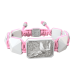 Pulsera Miss You con cerámica blanca y escultura acabada en efecto Platino. Hilo rosa.