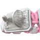 I Will Fight till the End bracelet with white ceramic and sculpture finished in a Platinum effect complemented with a pink coloured cord.