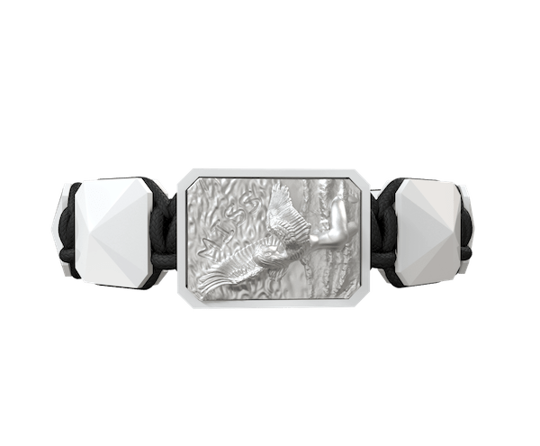 Shop Miss You bracelet with white ceramic and sculpture finished in a Platinum effect complemented with a black coloured cord.