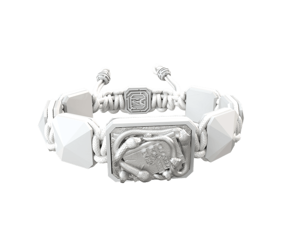 Shop I Quit bracelet with white ceramic and sculpture finished in a Platinum effect complemented with a white coloured cord.