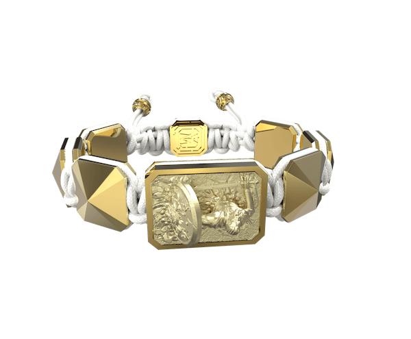 Shop I Will Fight till the End bracelet with ceramic and sculpture finished in 18k Yellow Gold complemented with a white coloured cord.