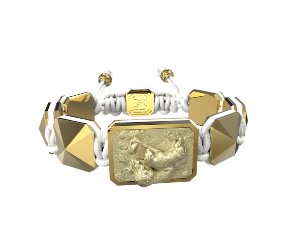 Shop My Family First bracelet with ceramic and sculpture finished in 18k Yellow Gold complemented with a white coloured cord.