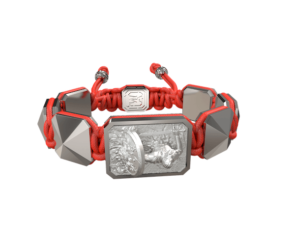 Shop I Will Fight till the End bracelet with ceramic and sculpture finished in a Platinum effect complemented with a red coloured cord.