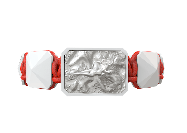 Shop I Love Me bracelet with white ceramic and sculpture finished in a Platinum effect complemented with a red coloured cord.