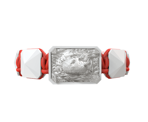 Shop I Love My Baby bracelet with white ceramic and sculpture finished in a Platinum effect complemented with a red coloured cord.
