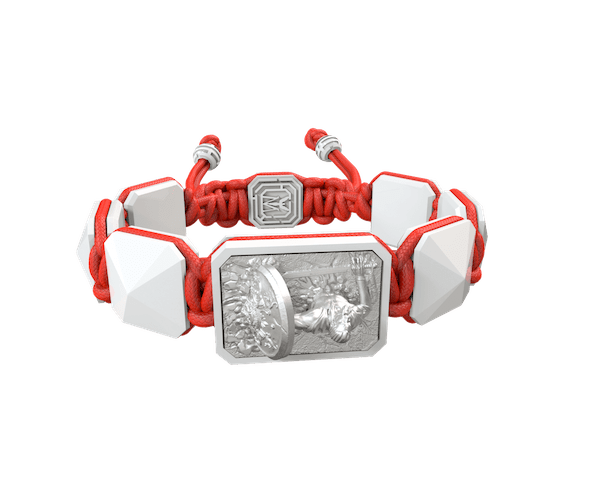 Shop I Will Fight till the End bracelet with white ceramic and sculpture finished in a Platinum effect complemented with a red coloured cord.