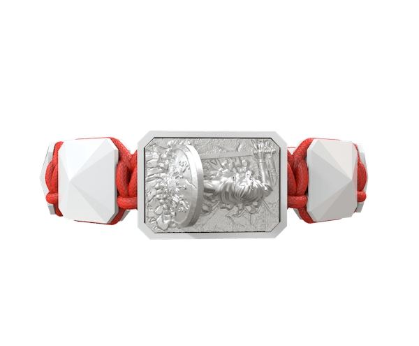 Shop I Will Fight till the End bracelet with white ceramic and sculpture finished in a Platinum effect complemented with a red coloured cord.