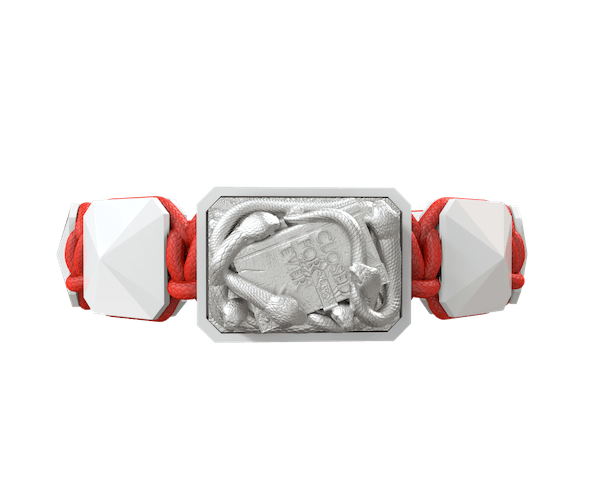 Shop I Quit bracelet with white ceramic and sculpture finished in a Platinum effect complemented with a red coloured cord.