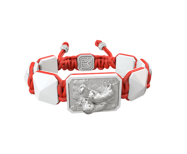 Shop My Family First bracelet with white ceramic and sculpture finished in a Platinum effect complemented with a red coloured cord.