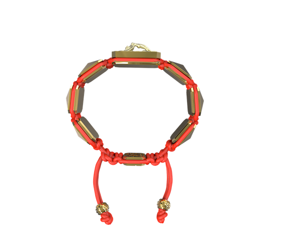 Shop I Love Me bracelet with ceramic and sculpture finished in 18k Yellow Gold complemented with a red coloured cord.