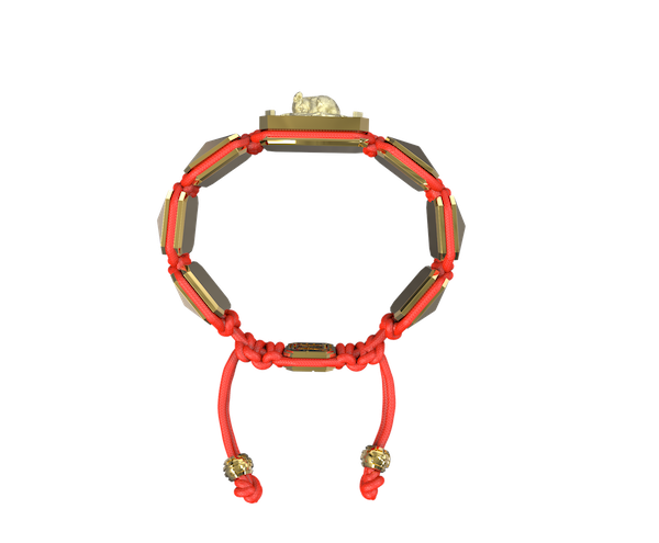 Shop I Love My Baby bracelet with ceramic and sculpture finished in 18k Yellow Gold complemented with a red coloured cord.