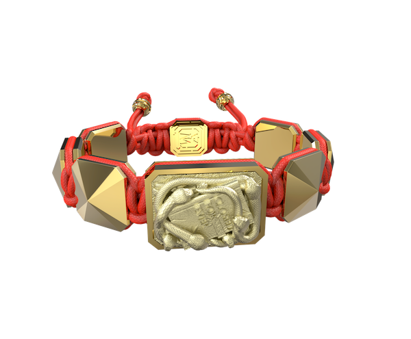 Shop I Quit bracelet with ceramic and sculpture finished in 18k Yellow Gold complemented with a red coloured cord.