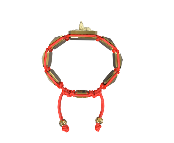 Shop Selfmade bracelet with ceramic and sculpture finished in 18k Yellow Gold complemented with a red coloured cord.