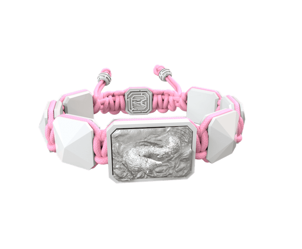 Shop Proud Of You bracelet with white ceramic and sculpture finished in a Platinum effect complemented with a pink coloured cord.