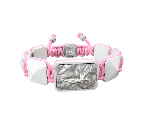 Shop I Love Me bracelet with white ceramic and sculpture finished in a Platinum effect complemented with a pink coloured cord.