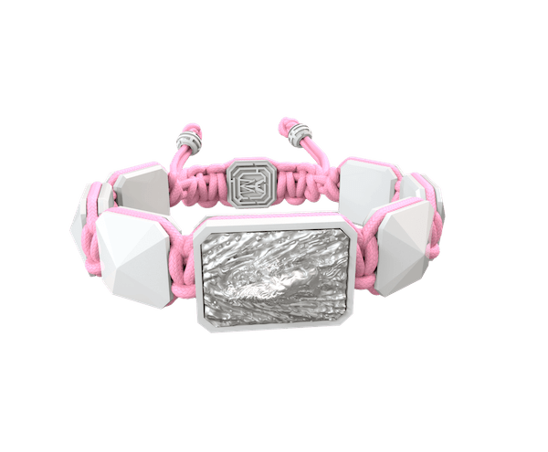 Shop I'm Different bracelet with white ceramic and sculpture finished in a Platinum effect complemented with a pink coloured cord.