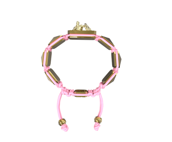 Shop I Will Fight till the End bracelet with ceramic and sculpture finished in 18k Yellow Gold complemented with a pink coloured cord.