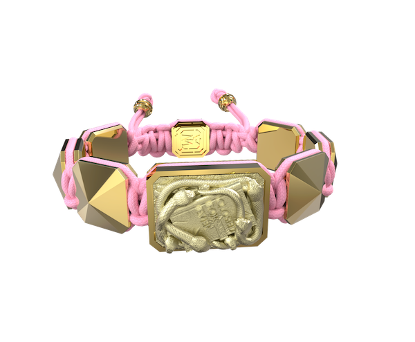 Shop I Quit bracelet with ceramic and sculpture finished in 18k Yellow Gold complemented with a pink coloured cord.