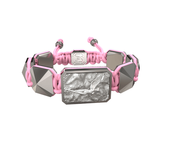 Shop I Love Me bracelet with ceramic and sculpture finished in a Platinum effect complemented with a pink coloured cord.