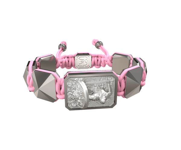 Shop I Will Fight till the End bracelet with ceramic and sculpture finished in a Platinum effect complemented with a pink coloured cord.