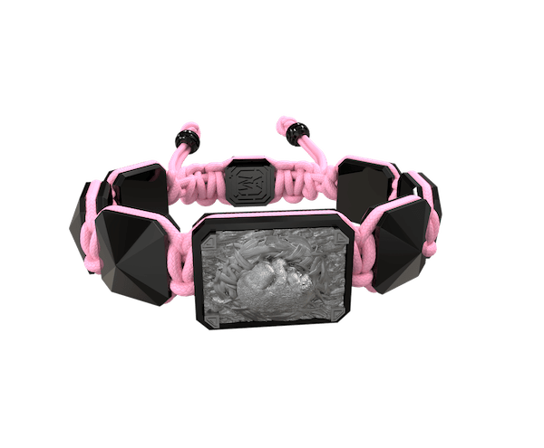 Shop I Love My Baby bracelet with black ceramic and sculpture finished in anthracite color complemented with a pink coloured cord.