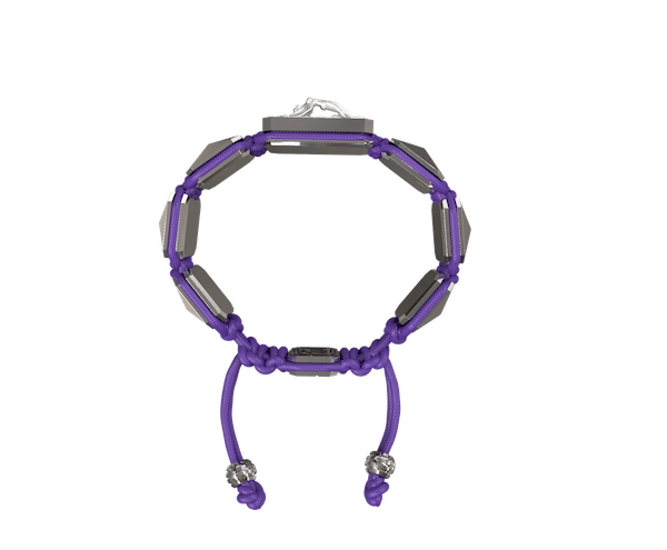 Shop I Love Me bracelet with ceramic and sculpture finished in a Platinum effect complemented with a violet coloured cord.