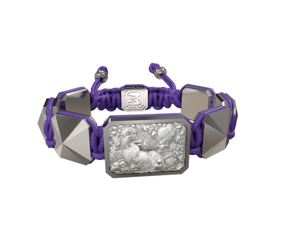 Shop Selfmade bracelet with ceramic and sculpture finished in a Platinum effect complemented with a violet coloured cord.