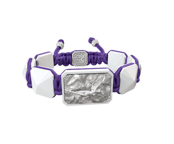 Shop I Love Me bracelet with white ceramic and sculpture finished in a Platinum effect complemented with a violet coloured cord.