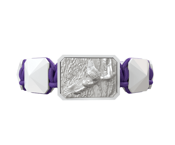 Shop Miss You bracelet with white ceramic and sculpture finished in a Platinum effect complemented with a violet coloured cord.