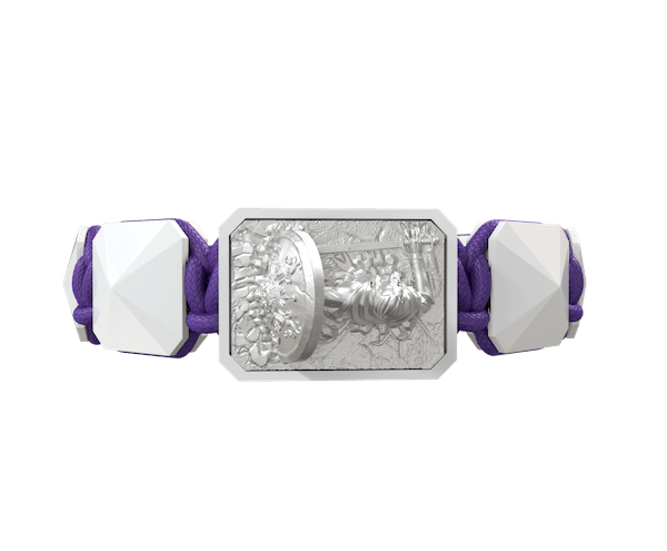 Shop I Will Fight till the End bracelet with white ceramic and sculpture finished in a Platinum effect complemented with a violet coloured cord.
