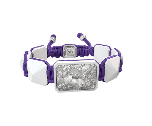 Shop Selfmade bracelet with white ceramic and sculpture finished in a Platinum effect complemented with a violet coloured cord.