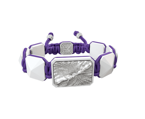 Shop Forever In My Heart bracelet with white ceramic and sculpture finished in a Platinum effect complemented with a violet coloured cord.