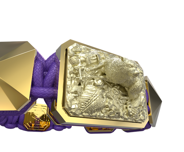 Comprar Pulsera Selfmade con cerámica y escultura acabadas en Oro Amarillo de 18k. Hilo violeta.