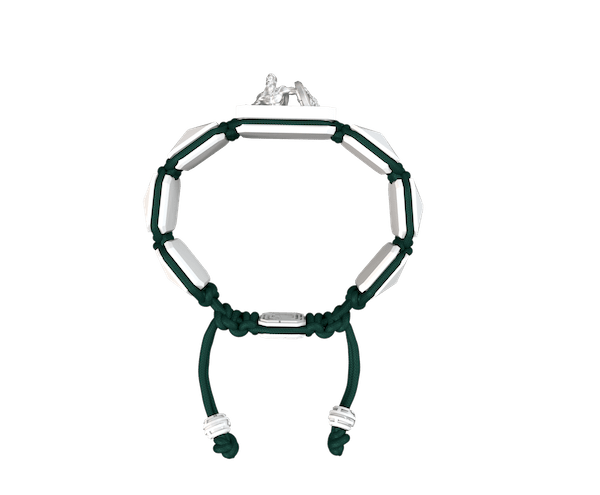 Shop I Will Fight till the End bracelet with white ceramic and sculpture finished in a Platinum effect complemented with a dark green coloured cord.