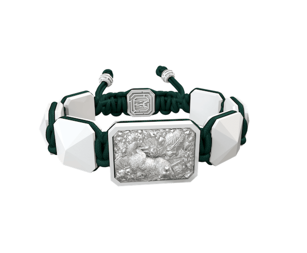 Shop Selfmade bracelet with white ceramic and sculpture finished in a Platinum effect complemented with a dark green coloured cord.