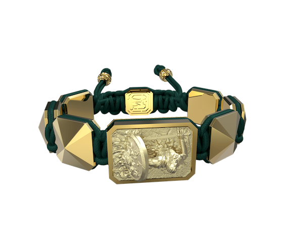 Shop I Will Fight till the End bracelet with ceramic and sculpture finished in 18k Yellow Gold complemented with a green coloured cord.