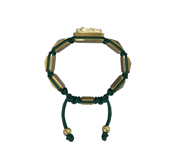 Shop I Quit bracelet with ceramic and sculpture finished in 18k Yellow Gold complemented with a green coloured cord.