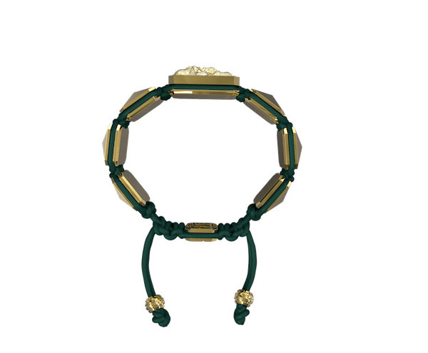 Shop Forever In My Heart bracelet with ceramic and sculpture finished in 18k Yellow Gold complemented with a green coloured cord.